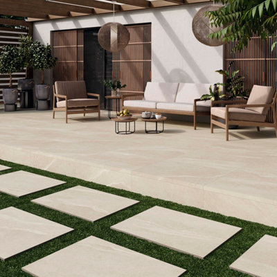 Tiles360 Libra Ivory Outdoor Tile Paving Slabs Porcelain, Pack of 30 (10.8m2), (L)600mm (W)600mm