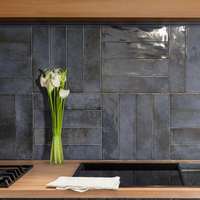 Tiles360 Parker Azure Blue Ceramic Metro Wall Tile, Pack Of 44, (L)300mm (W)75mm