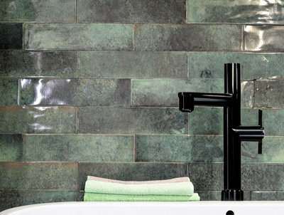 Tiles360 Parker Moss Green Ceramic Metro Wall Tile, Pack Of 44, (L)300mm (W)75mm