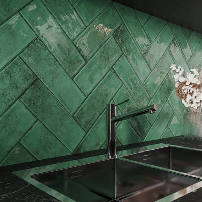 Tiles360 Splash Dark Green Ceramic Brick Shape Wall Tile, Pack of 32, (L)300mm (W)100mm
