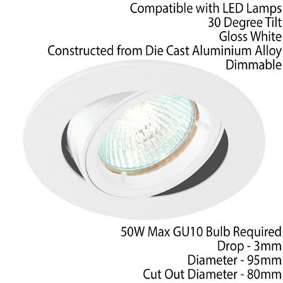 TILTING Round Recess Ceiling Down Light Gloss White 95mm Flush GU10 Lamp Fitting