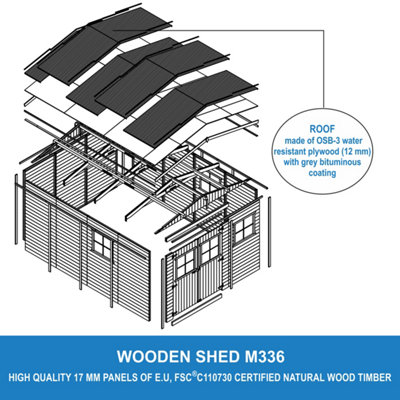 TIMBELA Wooden Garden Shed 11x14 ft /12m2 - FSC certified - M336