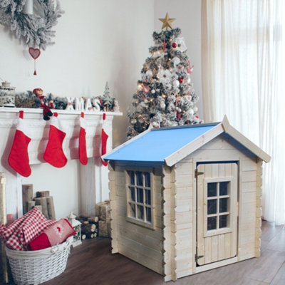 TIMBELA Wooden Wendy House with blue roof W111 x D114 x H121 cm - Main Image