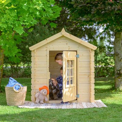 TIMBELA Wooden Wendy House with blue roof W111 x D114 x H121 cm Garden Play House
