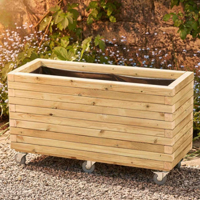 Timber Foundry Modern Garden Planter Natural Castor Wheels L150 x W40x ...