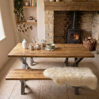 Timber Foundry Stanage Steel X Leg Dining Table Walnut Finish Solid ...