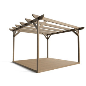 Timber Pergola and Decking Complete DIY Kit, Chamfered design (2.4m x 2.4m, Rustic brown finish)