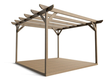Timber Pergola and Decking Complete DIY Kit, Chamfered design (3.6m x 3.6m, Rustic brown finish)