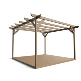 Timber Pergola and Decking Complete DIY Kit, Corbel design (2.4m x 2.4m, Rustic brown finish)