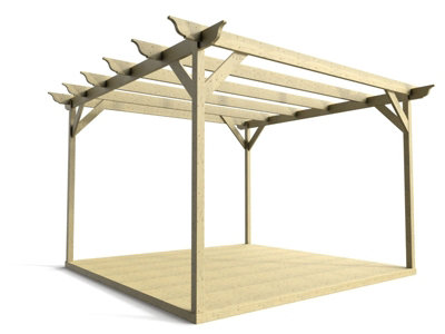 Timber Pergola and Decking Complete DIY Kit, Longhorn design (3.6m x 3.6m, Light green (natural) finish)