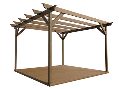 Timber Pergola and Decking Complete DIY Kit, Ovolo design (2.4m x 2.4m, Rustic brown finish)