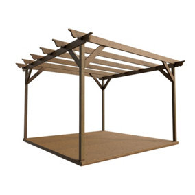 Timber Pergola and Decking Complete DIY Kit, Ovolo design (3m x 3m, Rustic brown finish)