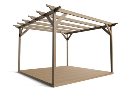 Timber Pergola and Decking Complete DIY Kit, Sculpted design (2.4m x 2.4m, Rustic brown finish)