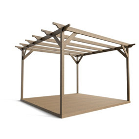 Timber Pergola and Decking Complete DIY Kit, Sculpted design (2.4m x 2.4m, Rustic brown finish)