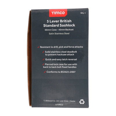 TIMCO 5 Lever British Standard Sashlock Stainless Steel Satin - 66mm
