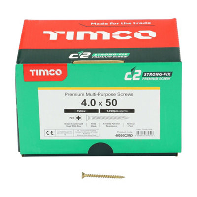 TIMCO C2 Strong-Fix Multi-Purpose Premium Countersunk Gold Woodscrews - 4.0 x 50 (1000pcs)