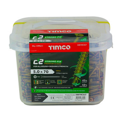 Timco - C2 Strong-Fix Multi-Purpose Premium Screws - PZ - Double Countersunk - Yellow (Size 5.0 x 70 - 1200 Pieces)