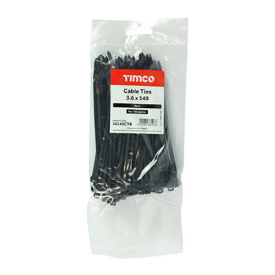 Timco - Cable Ties - Black (Size 3.6 x 140 - 100 Pieces)