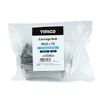 Timco - Carriage Bolts - A2 Stainless Steel (Size M12 x 75 - 5 Pieces)