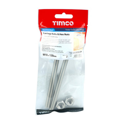 Timco - Carriage Bolts & Hex Nuts - Stainless Steel (Size M10 x 120 - 2 Pieces)