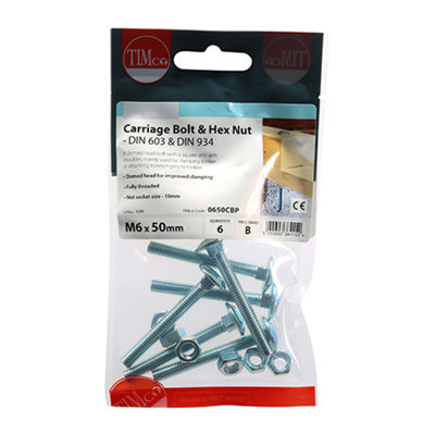 Timco - Carriage Bolts & Hex Nuts - Zinc (Size M6 x 50 - 6 Pieces)