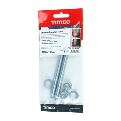 Timco - Chemical Anchor Studs - Zinc (Size M10 x 130 - 2 Pieces)