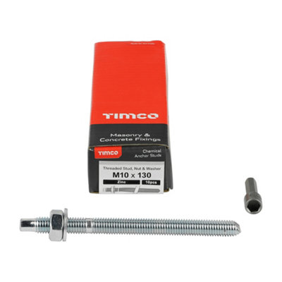 Timco - Chemical Anchor Threaded Studs, Nuts & Washers - Zinc (Size M10 x 130 - 10 Pieces)