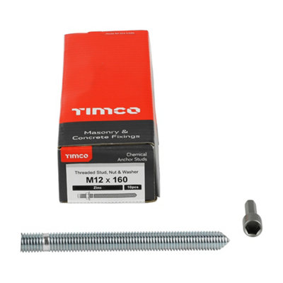 Timco - Chemical Anchor Threaded Studs, Nuts & Washers - Zinc (Size M12 x 160 - 10 Pieces)