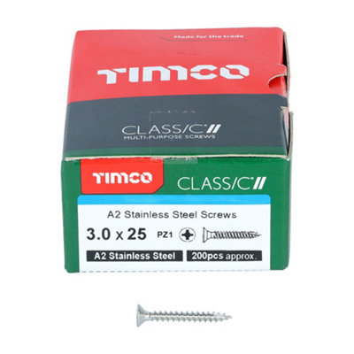 TIMCO Classic Multi-Purpose Countersunk A2 Stainless Steel Woodcrews - 3.0 x 25 (200pcs)