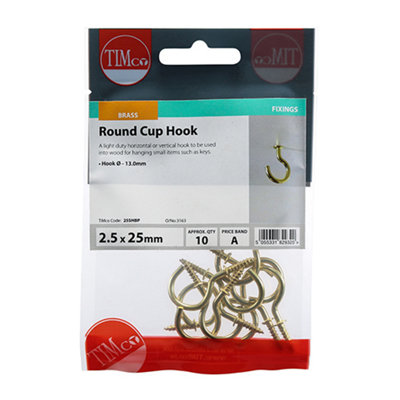 Timco - Cup Hooks - Round - Electro Brass (Size 25mm - 10 Pieces)