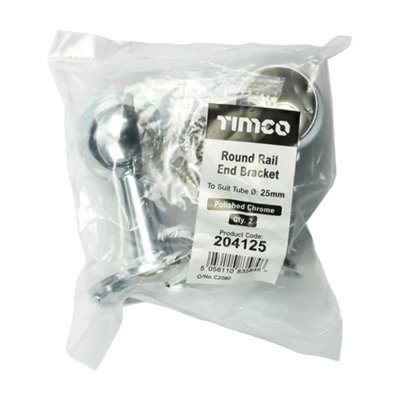 Timco - End Bracket - For Round Tube - Polished Chrome (Size 25mm - 2 Pieces)