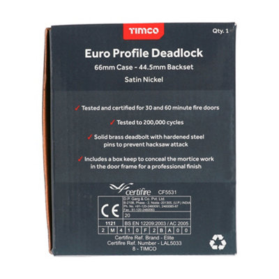 TIMCO Euro Deadlock Satin Nickel - 66mm