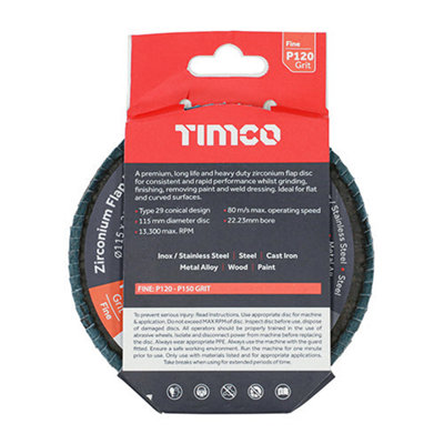 TIMCO Flap Disc Zirconium Type 29 Conical P120 Grit - 115 x 22.23