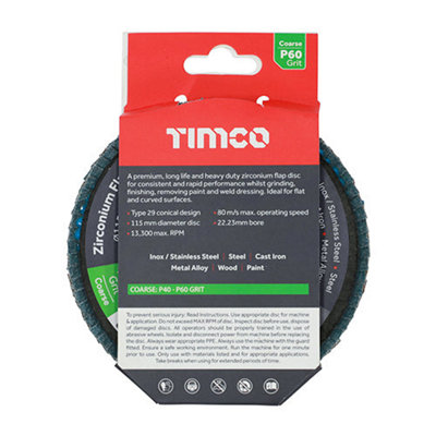 TIMCO Flap Disc Zirconium Type 29 Conical P60 Grit - 115 x 22.23