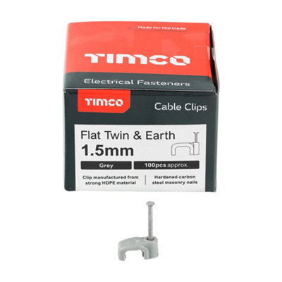 Timco - Flat Twin & Earth Cable Clips - Grey (Size To fit 1.5mm - 100 Pieces)