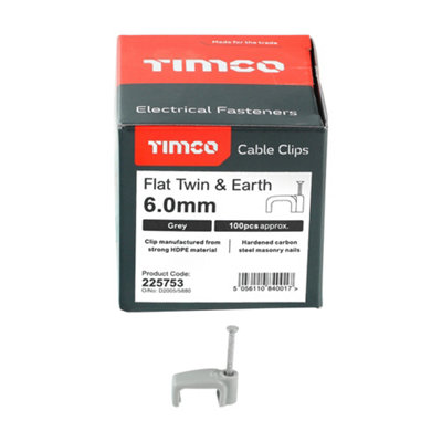Timco - Flat Twin & Earth Cable Clips - Grey (Size To fit 6.0mm - 100 Pieces)