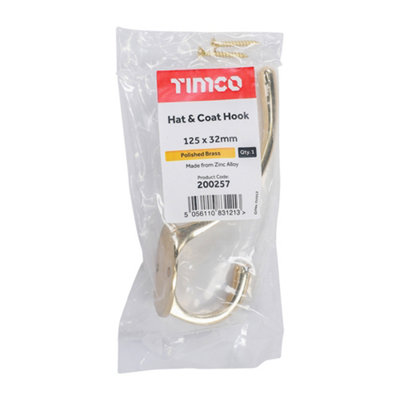 Timco - Hat & Coat Hook - Polished Brass (Size 125 x 32mm - 1 Each)