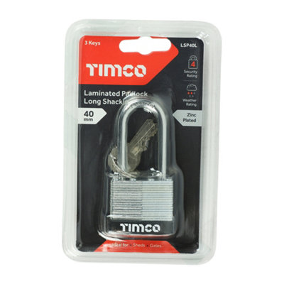 Timco - Laminated Padlock Long Shackle (Size 40mm - 1 Each)