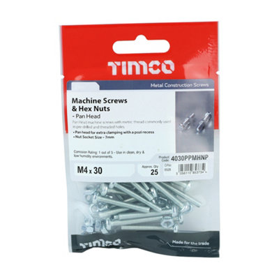 TIMCO Machine Pan Head Screws & Hex Nut Silver - M4 x 30