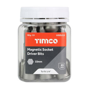 Timco - Magnetic Socket Driver Bits - Hex (Size 10 x 65 - 15 Pieces)