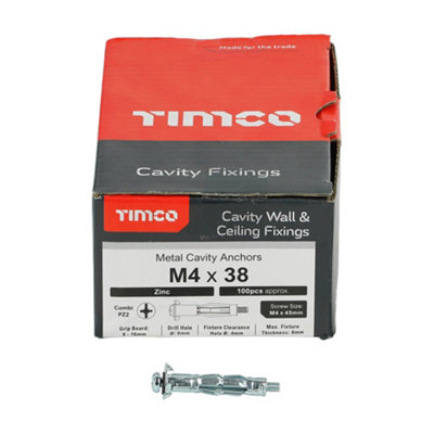Timco - Metal Cavity Anchors - Zinc (Size M4 x 38 (45mm Screw) - 100 Pieces)