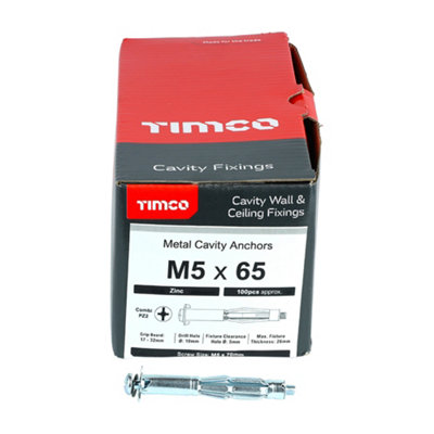 Timco - Metal Cavity Anchors - Zinc (Size M5 x 65 (70mm Screw) - 100 Pieces)
