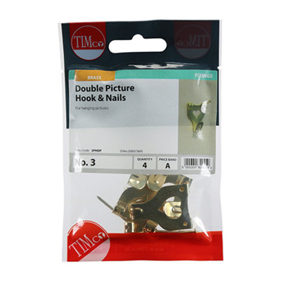 Timco - Picture Hanging Hooks - Double - Electro Brass (Size No.3 Double - 4 Pieces)