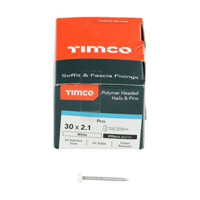 Timco - Polymer Headed Pins - A4 Stainless Steel - White (Size 30mm - 250 Pieces)