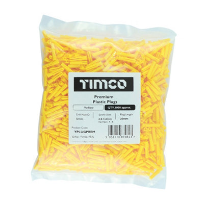Timco - Premium Plastic Plugs - Yellow (Size 25mm - 1000 Pieces)