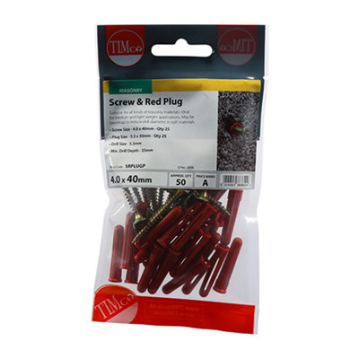 Timco - Red Plastic Plugs with Screws (Size 30mm Red Plug, 4.0x40 Screw - 25 Pieces)