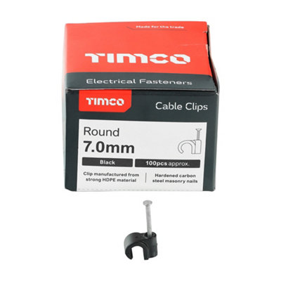 Timco - Round Cable Clips - Black (Size To fit 7.0mm - 100 Pieces)