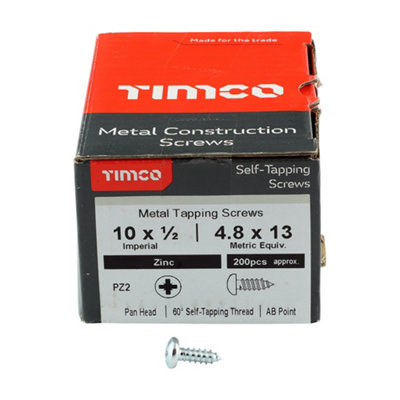 Timco - Self-Tapping Screws - PZ - Pan - Zinc (Size 10 x 1/2 - 200 Pieces)