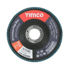 TIMCO Set of Flap Discs Zirconium Type 29 Conical P120 Grit - 115 x 22.23