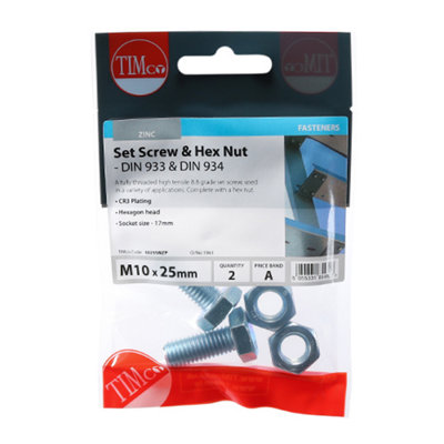 Timco - Set Screws & Hex Nuts - Grade 8.8 - Zinc (Size M10 x 25 - 2 Pieces)